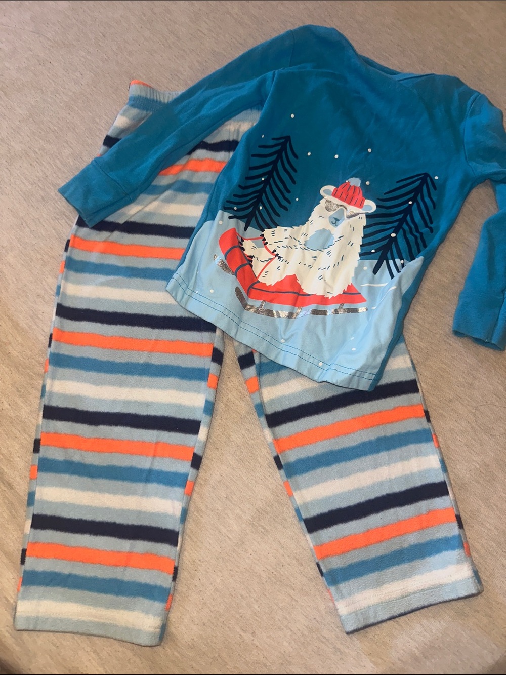 Cat & Jack Teal Polar Bear Pajama Set with Blue, Navy and Orange Stripes